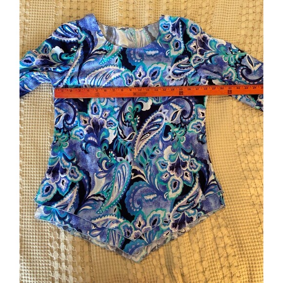 Soft Surroundings Blouse Sz ? Medium Top Blue Ruffled Edge Sleeve & V Hemline - Picture 9 of 11